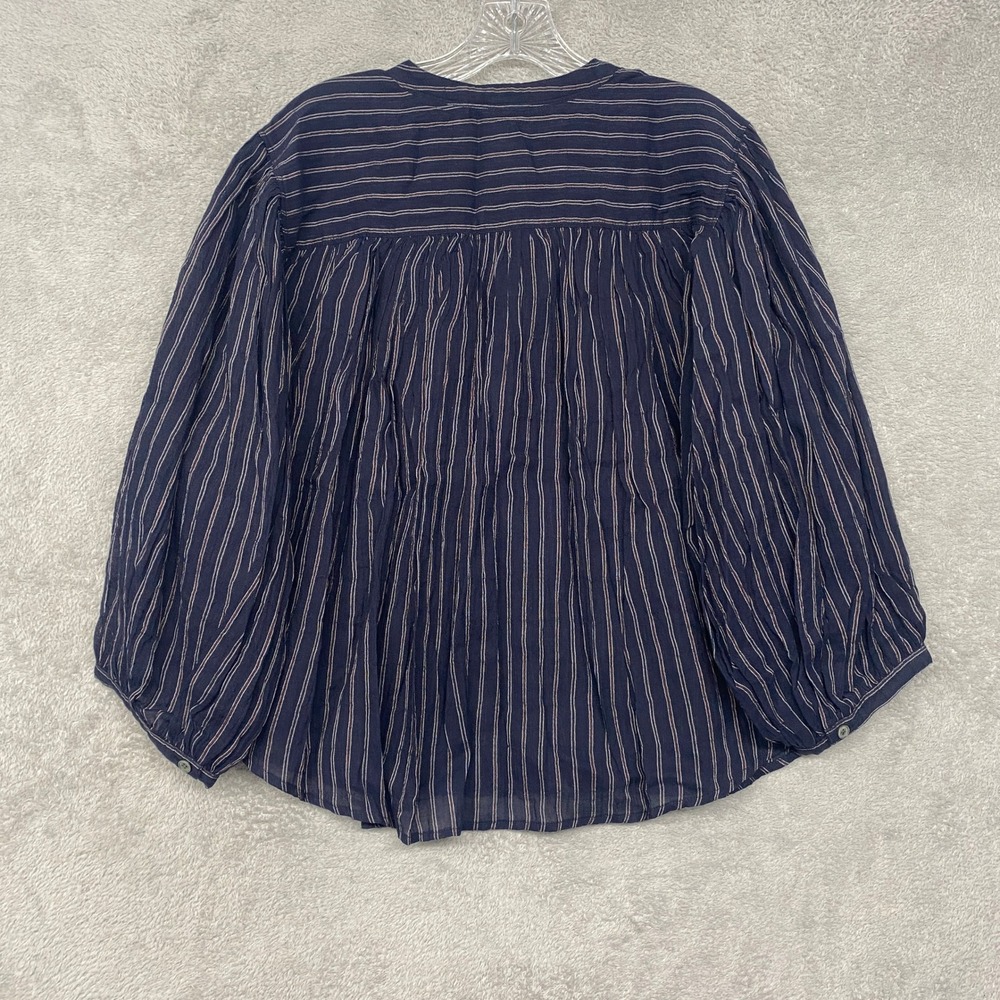 Madewell Top Womens XL Shirred Crewneck Button Up Dark Blue Red Stripe NZ423 - Picture 10 of 11